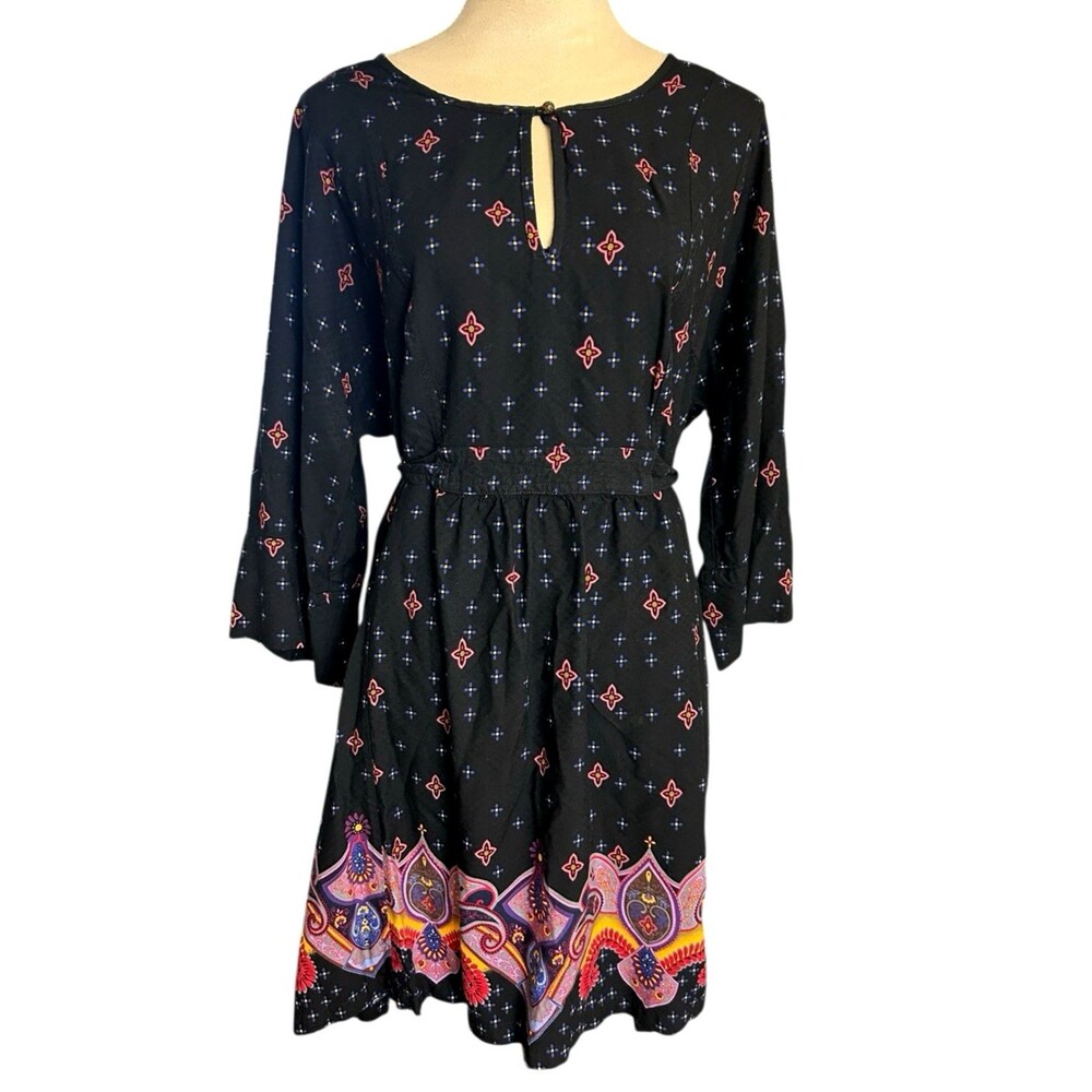Lucky Brand Womens XL Boho Paisley Black Multi Tie Waist Key Hole Rayon Dress